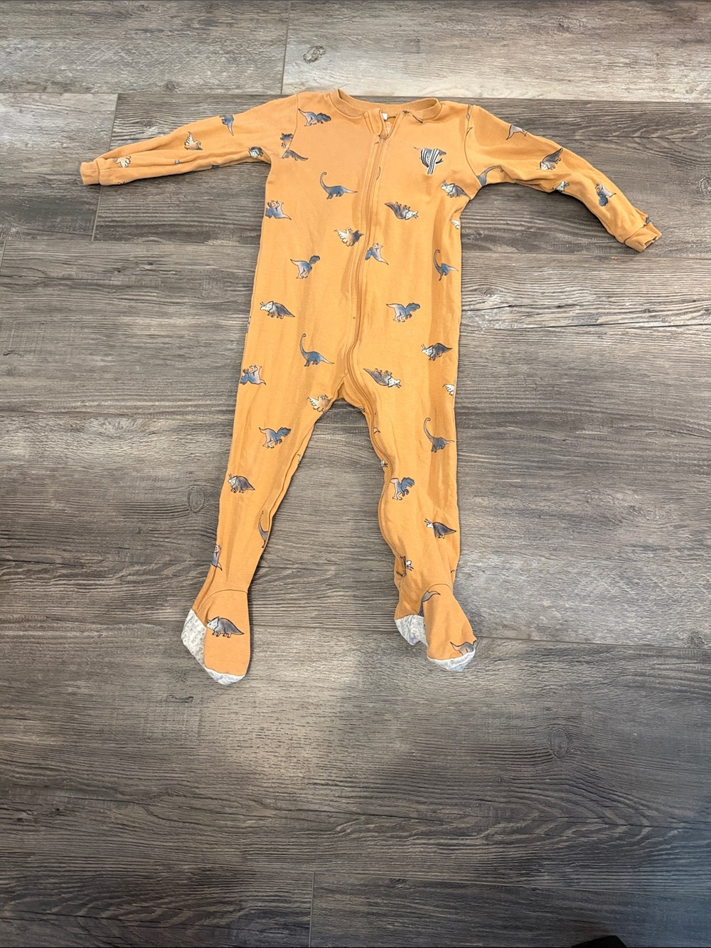 Pekkle Kids One-Piece Footed Pajamas - Mustard with Dinosaur Print